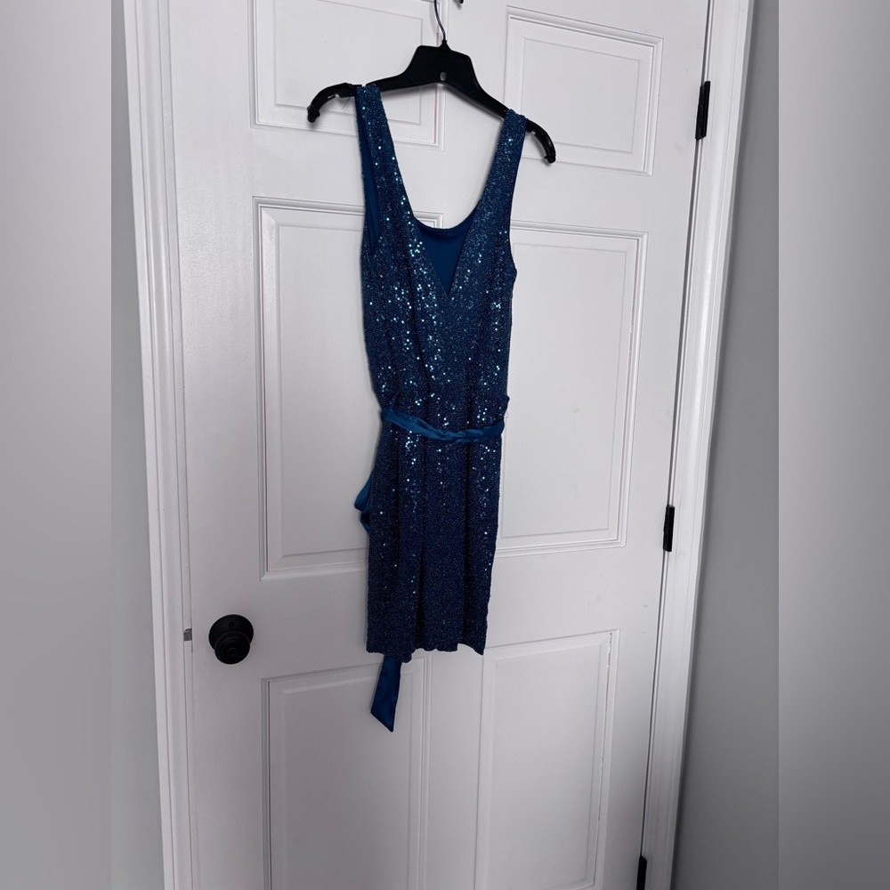 Teal sequin mini dress with ribbon belt